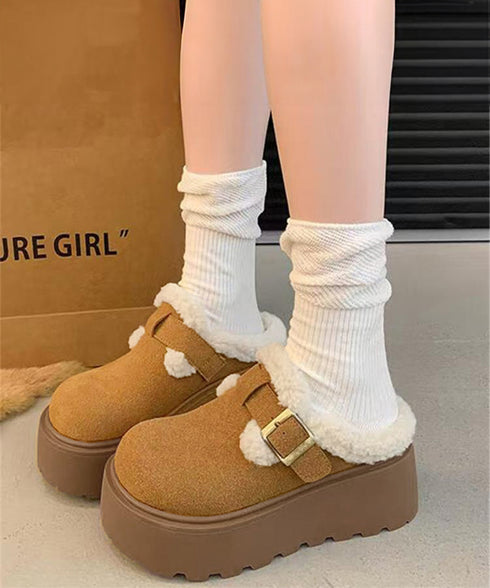 ボア厚底モカシンレディースサボサンダル冬 ふわふわプラットシューズ 暖かい冬靴 履きやすい フェイクムートンローファー 歩きやすい もこもこ防寒靴バックルデザイン 92JLDZSW-008