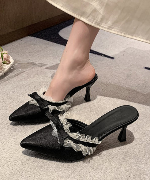 ドット柄ミュールパンプスポインテッドトゥ レディースきれいめミュールサンダル リボンパンプス オフィスカジュアル 歩きやすいシューズ大人可愛いレースフリルパンプス 92JLDZSW-023