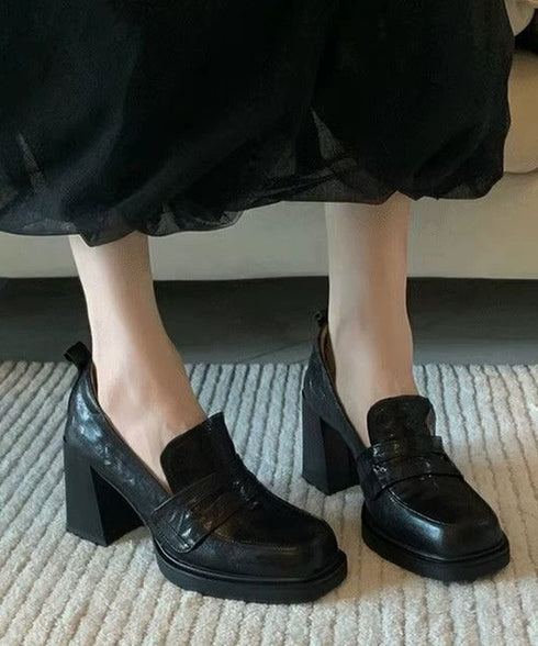 スクエアトゥローファー 太ヒールパンプス 歩きやすい チャンキーヒールパンプス 疲れないPUレザー靴 レディース美脚脚靴 オフィスカジュアル通勤通学厚底ローファー 92JLDZSW-027