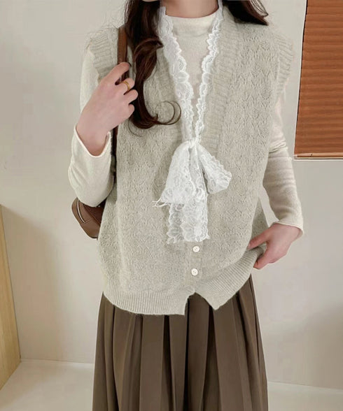ニットベストネックラインレースニットジレ レディース フェミニン 大人可愛い リボンベストセーター ノースリーブ ニットトップス レイヤード ニットチョッキ韓国風 92KN-001