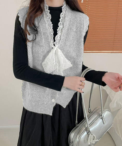 ニットベストネックラインレースニットジレ レディース フェミニン 大人可愛い リボンベストセーター ノースリーブ ニットトップス レイヤード ニットチョッキ韓国風 92KN-001
