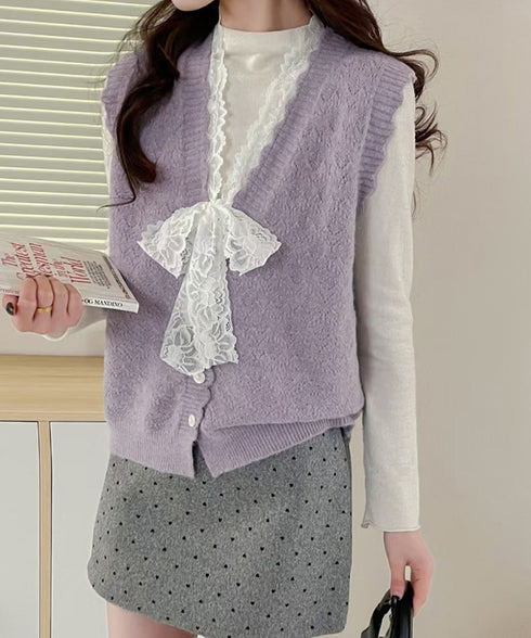 ニットベストネックラインレースニットジレ レディース フェミニン 大人可愛い リボンベストセーター ノースリーブ ニットトップス レイヤード ニットチョッキ韓国風 92KN-001