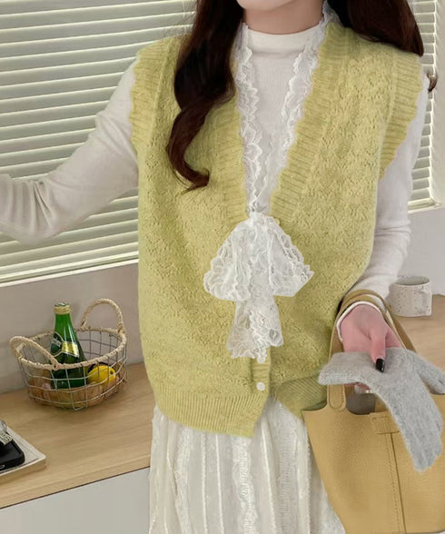 ニットベストネックラインレースニットジレ レディース フェミニン 大人可愛い リボンベストセーター ノースリーブ ニットトップス レイヤード ニットチョッキ韓国風 92KN-001