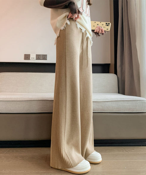 サイド縦ラインニットパンツ ワイドパンツ レディース サイドリブストレートパンツ 厚手暖かい 秋冬ロングパンツ ハイウエスト イージーパンツ 楽ちん大人カジュアル 92KN-003