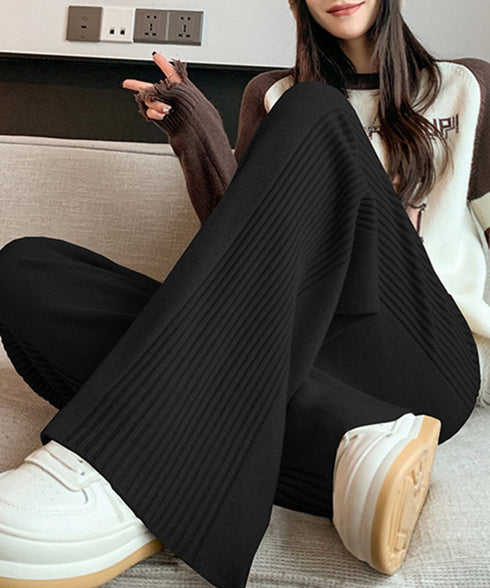 サイド縦ラインニットパンツ ワイドパンツ レディース サイドリブストレートパンツ 厚手暖かい 秋冬ロングパンツ ハイウエスト イージーパンツ 楽ちん大人カジュアル 92KN-003