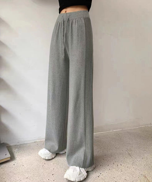サイド縦ラインニットパンツ ワイドパンツ レディース サイドリブストレートパンツ 厚手暖かい 秋冬ロングパンツ ハイウエスト イージーパンツ 楽ちん大人カジュアル 92KN-003