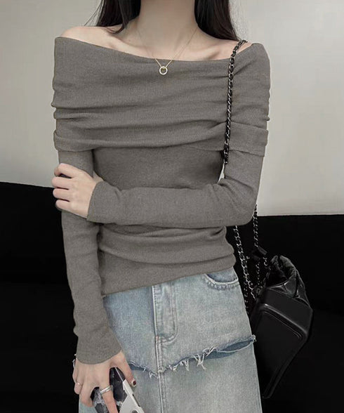 ワイドオフショルダーニットトップス肩出し リブニット レディース セクシー タイトニット フェミニン 長袖ニットプルオーバー 肩見せ 無地ニットセーター きれいめ 92KN-005