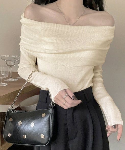 ワイドオフショルダーニットトップス肩出し リブニット レディース セクシー タイトニット フェミニン 長袖ニットプルオーバー 肩見せ 無地ニットセーター きれいめ 92KN-005