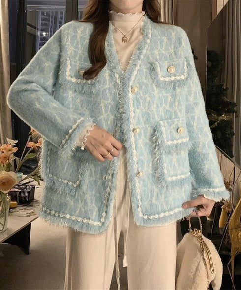 ツイード風ニットジャケットレディース上品 ラメ糸ニットカーディガン ミンク風ライトアウターきれいめパールボタン 秋冬ニットブルゾン大人可愛い ノーカラージャケット 92KN-006