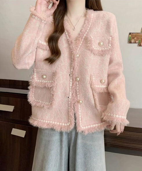 ツイード風ニットジャケットレディース上品 ラメ糸ニットカーディガン ミンク風ライトアウターきれいめパールボタン 秋冬ニットブルゾン大人可愛い ノーカラージャケット 92KN-006