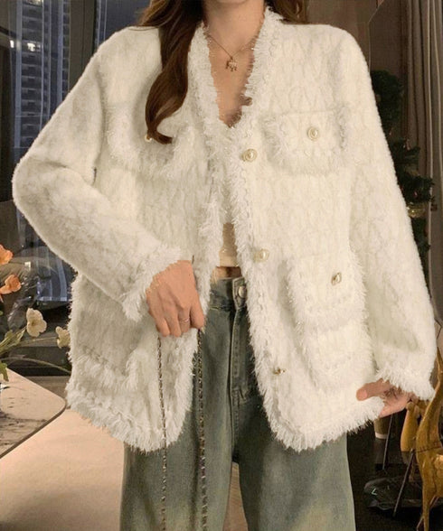 ツイード風ニットジャケットレディース上品 ラメ糸ニットカーディガン ミンク風ライトアウターきれいめパールボタン 秋冬ニットブルゾン大人可愛い ノーカラージャケット 92KN-006