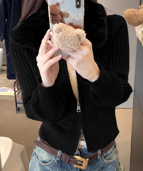 ファー襟ニットカーディガン ダブルジップ レディース おしゃれ エコファー襟リブニットトップス 首元あったかニットセーター カジュアル ジップアップニットアウター 92KNFS-001