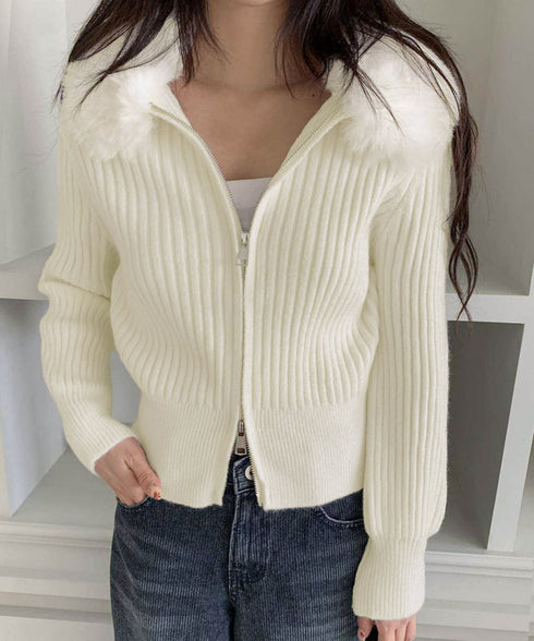 ファー襟ニットカーディガン ダブルジップ レディース おしゃれ エコファー襟リブニットトップス 首元あったかニットセーター カジュアル ジップアップニットアウター 92KNFS-001