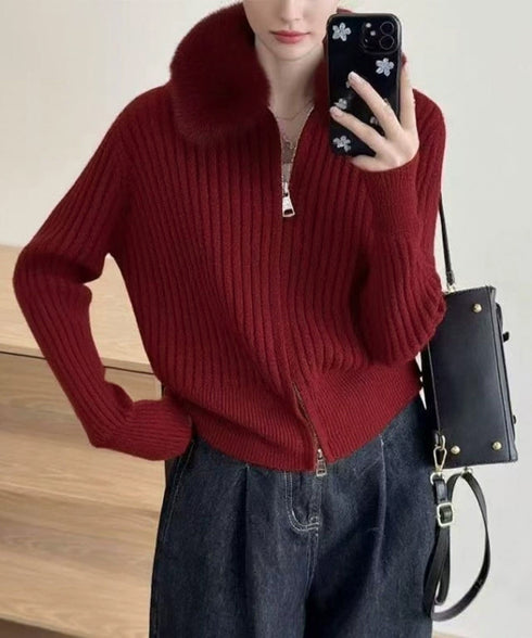 ファー襟ニットカーディガン ダブルジップ レディース おしゃれ エコファー襟リブニットトップス 首元あったかニットセーター カジュアル ジップアップニットアウター 92KNFS-001