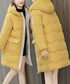 フード付きロングダウンコート中綿アウター 配色キルティングコートレディース フーデッド 軽量フェイクダウンジャケット ダブルジップ 暖かいミディアム丈アウター厚手 92MINGLI-001