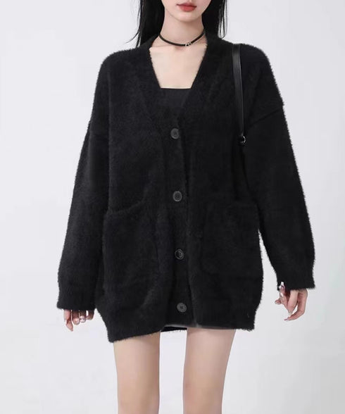 シャギーニットカーディガンVネック秋冬服 ふわふわフェザーニットカーディガン オーバーサイズゆるニット お尻が隠れる ロング羽織り体型カバー 抜け感ライトアウター 92MRJFS-003