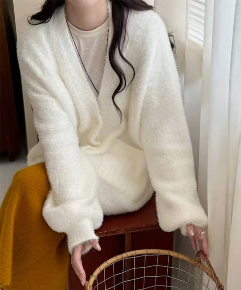 シャギーニットカーディガンVネック秋冬服 ふわふわフェザーニットカーディガン オーバーサイズゆるニット お尻が隠れる ロング羽織り体型カバー 抜け感ライトアウター 92MRJFS-003