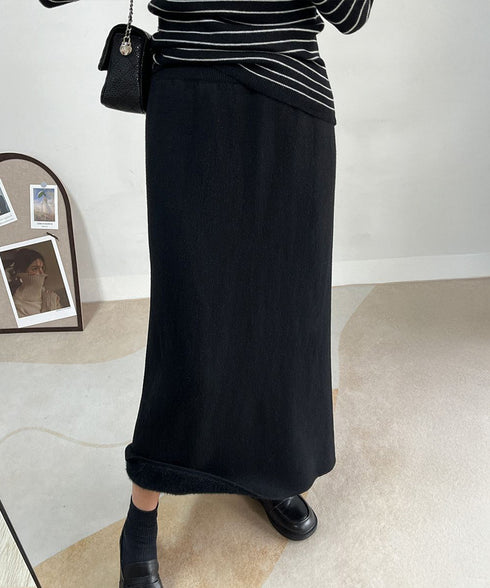 裏起毛ニットスカート 厚手タイトスカート レディース バックスリットロングスカート秋冬 ハイウエストあったかスカート ウエストゴムペンシルスカートきれいめボトムス 92MRJFS-007