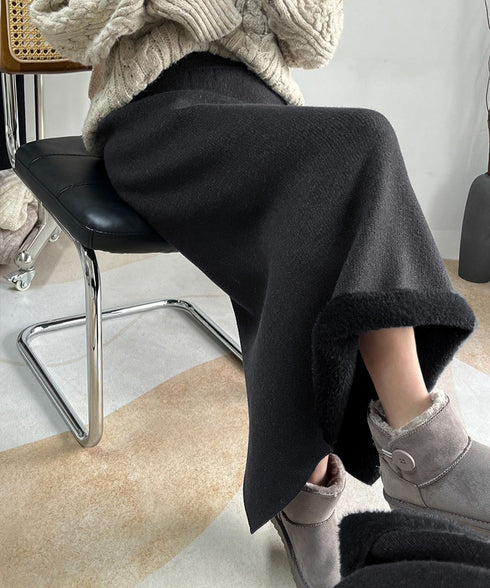 裏起毛ニットスカート 厚手タイトスカート レディース バックスリットロングスカート秋冬 ハイウエストあったかスカート ウエストゴムペンシルスカートきれいめボトムス 92MRJFS-007
