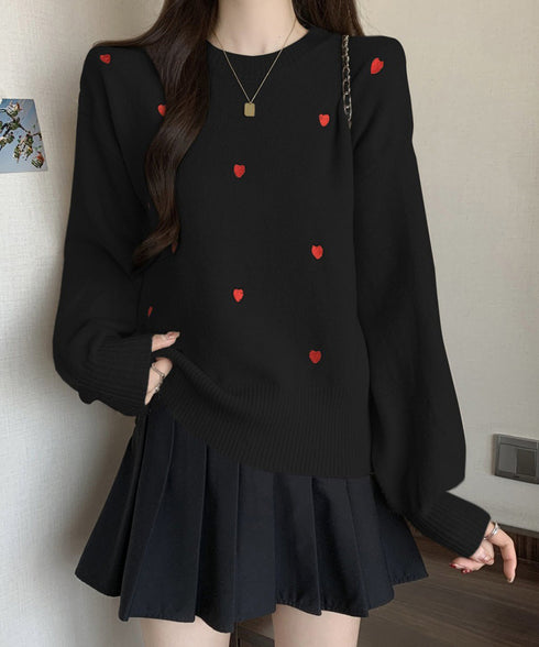 クルーネックハート柄ニットセーター韓国風 配色ニットプルオーバーレディース ニットトップス長袖 カジュアル 大人可愛いニット着回し あったかきれいめ秋冬服 女子力 92MRJFS-008