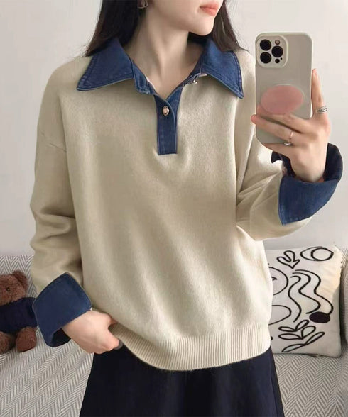 デニム切り替え レイヤード風ニットポロ襟 異素材ドッキングニットトップス 重ね着風 デニム衿ニットプルオーバー レディース おしゃれ 大人カジュアルニット 着やせ 92MRJFS-009