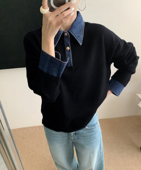 デニム切り替え レイヤード風ニットポロ襟 異素材ドッキングニットトップス 重ね着風 デニム衿ニットプルオーバー レディース おしゃれ 大人カジュアルニット 着やせ 92MRJFS-009