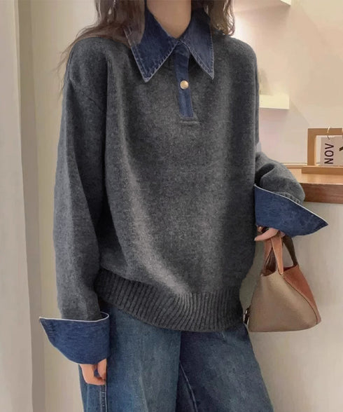 デニム切り替え レイヤード風ニットポロ襟 異素材ドッキングニットトップス 重ね着風 デニム衿ニットプルオーバー レディース おしゃれ 大人カジュアルニット 着やせ 92MRJFS-009