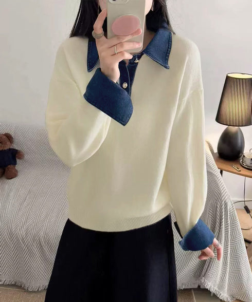 デニム切り替え レイヤード風ニットポロ襟 異素材ドッキングニットトップス 重ね着風 デニム衿ニットプルオーバー レディース おしゃれ 大人カジュアルニット 着やせ 92MRJFS-009