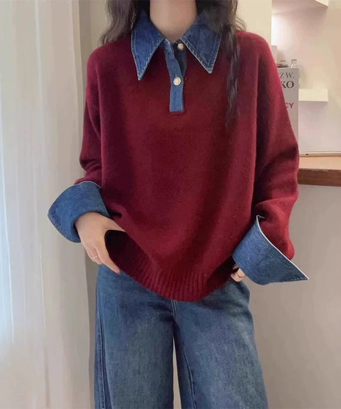 デニム切り替え レイヤード風ニットポロ襟 異素材ドッキングニットトップス 重ね着風 デニム衿ニットプルオーバー レディース おしゃれ 大人カジュアルニット 着やせ 92MRJFS-009