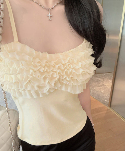 マルチフリルキャミソール カップ付き夏服 レディース大人可愛いキャミインナー 美胸ブラトップ快適 韓国風薄手インナーブラ一体型 お洒落 胸元フリルインナートップス 92QIAODS-002