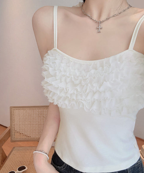 マルチフリルキャミソール カップ付き夏服 レディース大人可愛いキャミインナー 美胸ブラトップ快適 韓国風薄手インナーブラ一体型 お洒落 胸元フリルインナートップス 92QIAODS-002