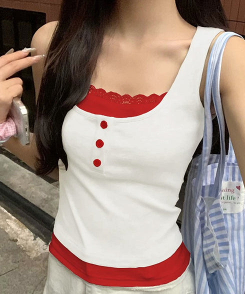 カップ付きタンクトップ重ね着風ブラトップ レイヤード風インナー配色 レースタンク 2枚セット風見せキャミタンク ヘンリーネック リブタンクトップ おしゃれ 着回し 92QIAODS-003