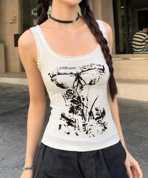 Y2Kタンクトップカップ付きキャミソール レース地雷系夏服 ヴィンテージ風トップスノースリーブ ショート丈リブタンク サブカルギャル風ビスチェ セクシーダンス衣装 92QIAODS-006