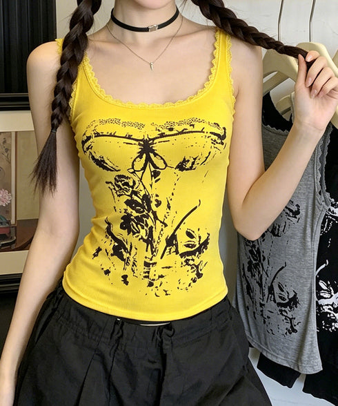 Y2Kタンクトップカップ付きキャミソール レース地雷系夏服 ヴィンテージ風トップスノースリーブ ショート丈リブタンク サブカルギャル風ビスチェ セクシーダンス衣装 92QIAODS-006