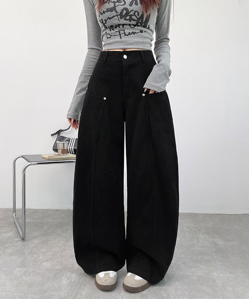 ハイウエストバレルパンツ美脚カーブパンツ レディースゆったり着やせコクーンパンツ ロング丈チノ風ボトムス 大人カジュアル韓国風ワイドパンツ ストリート体型カバー 92QINGH-001