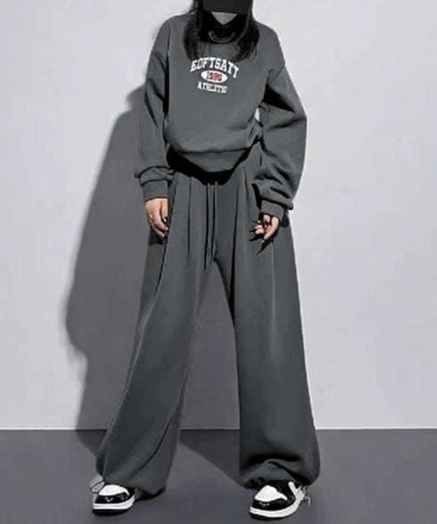 カレッジロゴスウェットセットアップパンツ レディース ロゴプリントスウェットトップス 大人可愛いロゴトレーナー ウエストゴムワイドパンツ ポケット付イージーパンツ 92RUNXUAN-001