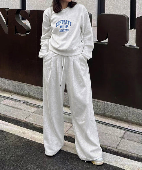 カレッジロゴスウェットセットアップパンツ レディース ロゴプリントスウェットトップス 大人可愛いロゴトレーナー ウエストゴムワイドパンツ ポケット付イージーパンツ 92RUNXUAN-001