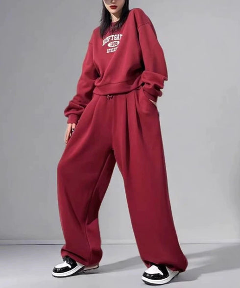 カレッジロゴスウェットセットアップパンツ レディース ロゴプリントスウェットトップス 大人可愛いロゴトレーナー ウエストゴムワイドパンツ ポケット付イージーパンツ 92RUNXUAN-001