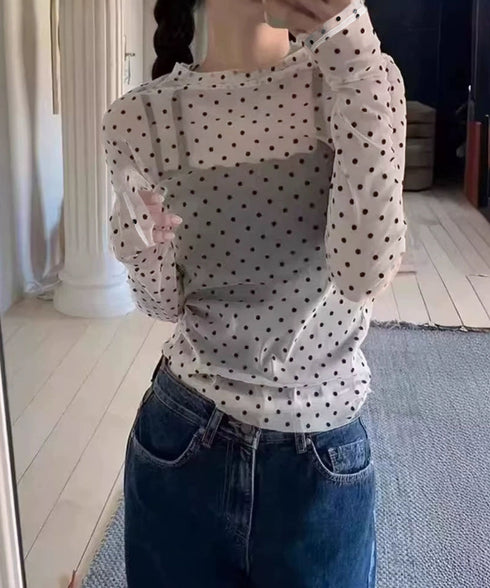 ドット柄シアートップス チュールインナー レディース ポルカドットチュールブラウス大人可愛い重ね着 薄手レイヤードインナーシアーカットソー透け感シースルートップス 92SIYUFS-002