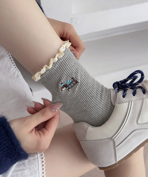 フリルソックス 犬柄 コットン靴下可愛い レース付き 柔らかいリブソックス 刺しゅう入り レディース 蒸れない綿靴下 韓国風 ガーリーなショートソックス春夏秋冬 92SJY-001