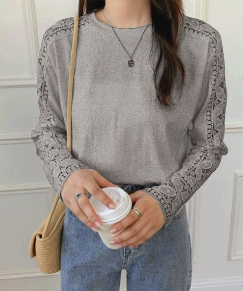 袖レース切り替え5分袖Tシャツカットソー レディースレーストップス 透け感袖カットソーきれいめ 体型カバー 大人オフィスカジュアル 上品春夏服ゆったりクルーネック 92SSJIALI-001