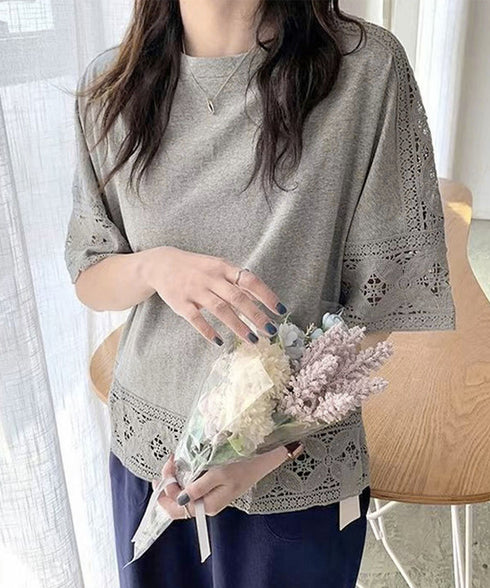 袖レース切り替え5分袖Tシャツカットソー レディースレーストップス 透け感袖カットソーきれいめ 体型カバー 大人オフィスカジュアル 上品春夏服ゆったりクルーネック 92SSJIALI-001