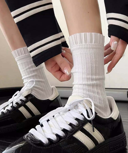 プリーツフリルソックス ミドル丈無地靴下 レディース フェミニン リブソックス 通勤通学ガーリー靴下 韓国ファッション 春夏秋冬 蒸れない綿靴下 プリーツソックス 92SUXIANG-001