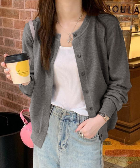 クルーネックニットカーディガン シンプル レディース ニット羽織り 長袖ニットトップス 着回し おしゃれ 前開きニットウェア無地 冷房対策 通学通勤ニットアウター 92SYL-001