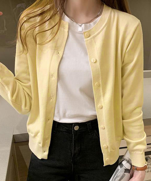 クルーネックニットカーディガン シンプル レディース ニット羽織り 長袖ニットトップス 着回し おしゃれ 前開きニットウェア無地 冷房対策 通学通勤ニットアウター 92SYL-001