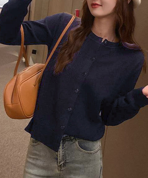 クルーネックニットカーディガン シンプル レディース ニット羽織り 長袖ニットトップス 着回し おしゃれ 前開きニットウェア無地 冷房対策 通学通勤ニットアウター 92SYL-001