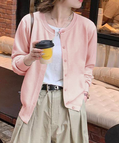 クルーネックニットカーディガン シンプル レディース ニット羽織り 長袖ニットトップス 着回し おしゃれ 前開きニットウェア無地 冷房対策 通学通勤ニットアウター 92SYL-001