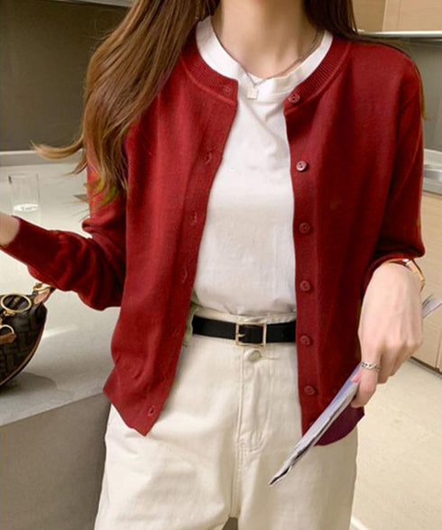クルーネックニットカーディガン シンプル レディース ニット羽織り 長袖ニットトップス 着回し おしゃれ 前開きニットウェア無地 冷房対策 通学通勤ニットアウター 92SYL-001