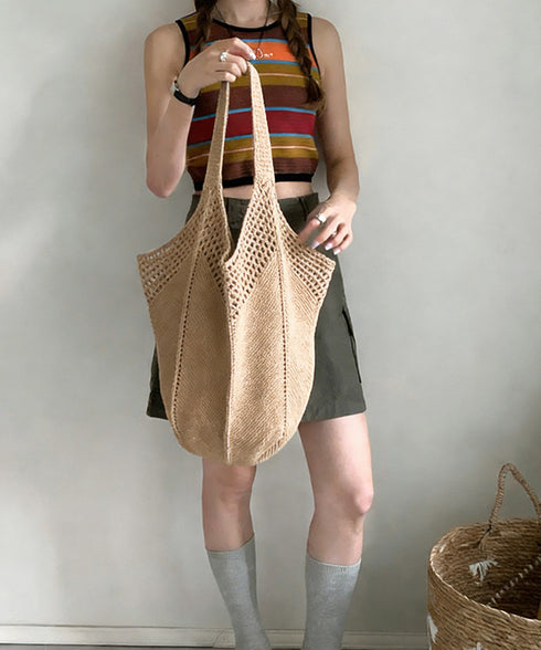 ニットバッグ 大容量トートバッグ肩掛け鞄 大きめナチュラルバッグ 透かし編みニット鞄 A4収納可 大人カジュアルサマーバッグ 韓国風カバン シンプル手提げバッグ 92TAYAN-001