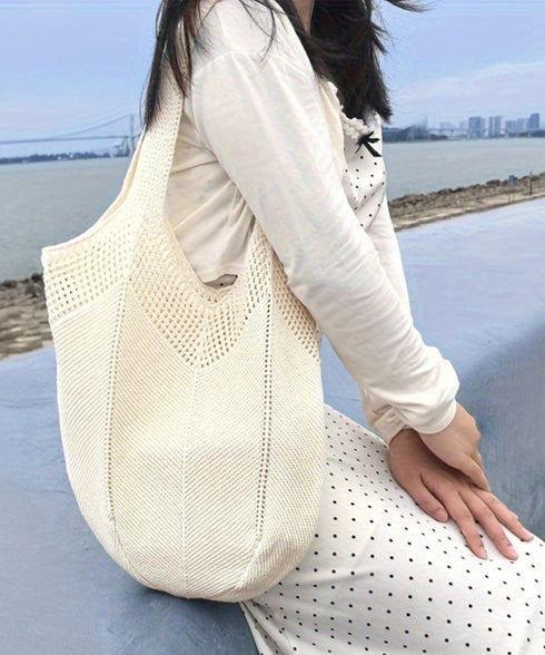 ニットバッグ 大容量トートバッグ肩掛け鞄 大きめナチュラルバッグ 透かし編みニット鞄 A4収納可 大人カジュアルサマーバッグ 韓国風カバン シンプル手提げバッグ 92TAYAN-001